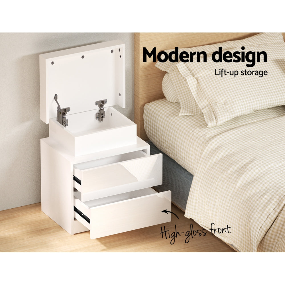 Crafted Comforts  Bedside Table LED 2 Drawers Lift-up Storage - COLEY White