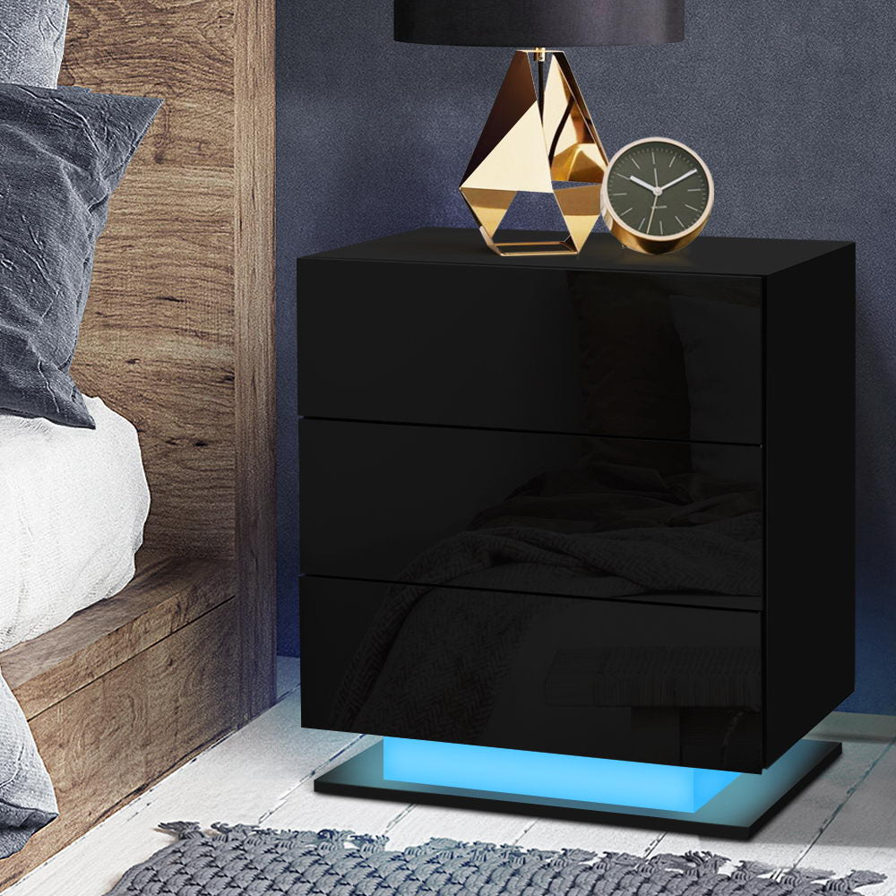Crafted Comforts  Bedside Table LED 3 Drawers - MORI Black
