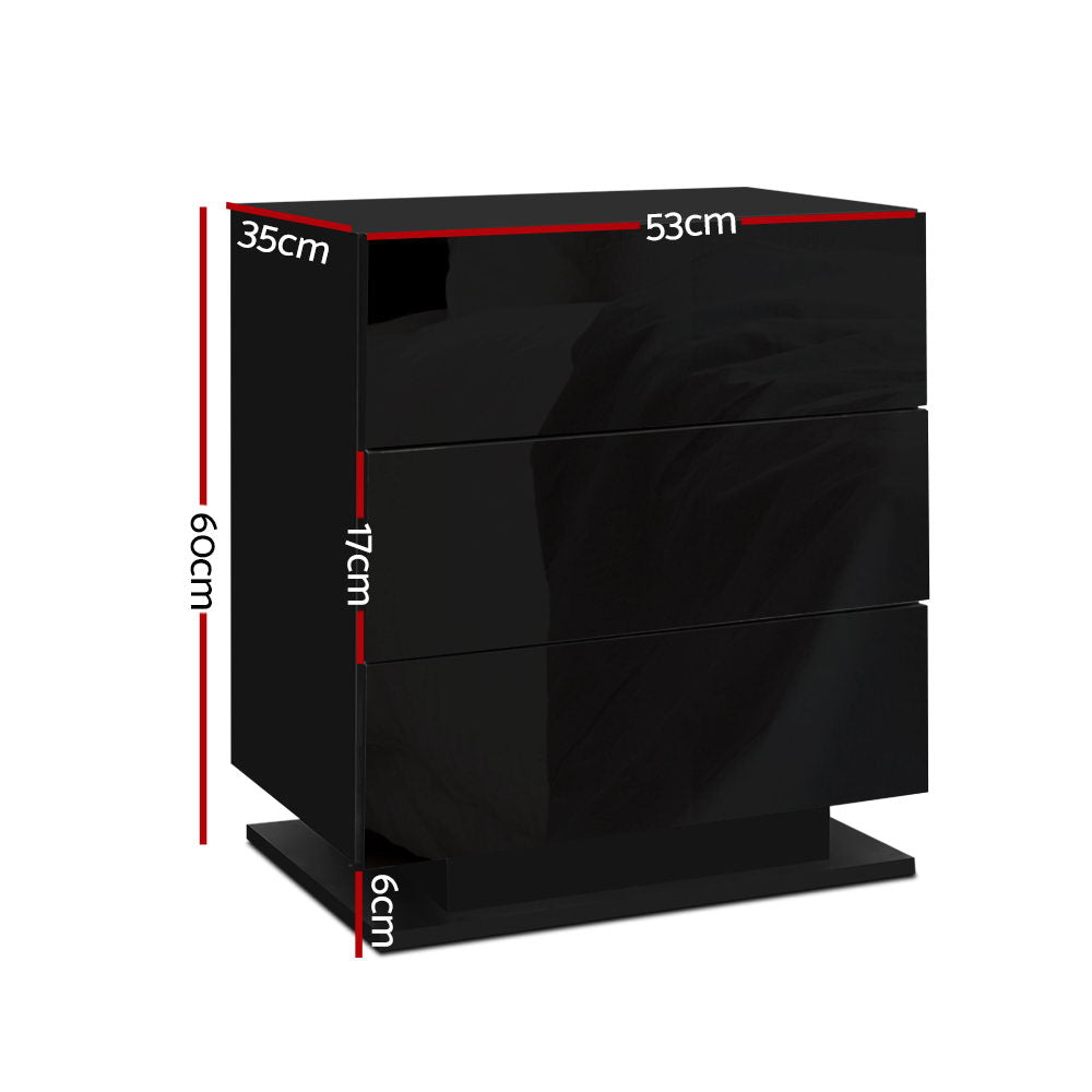 Crafted Comforts  Bedside Table LED 3 Drawers - MORI Black