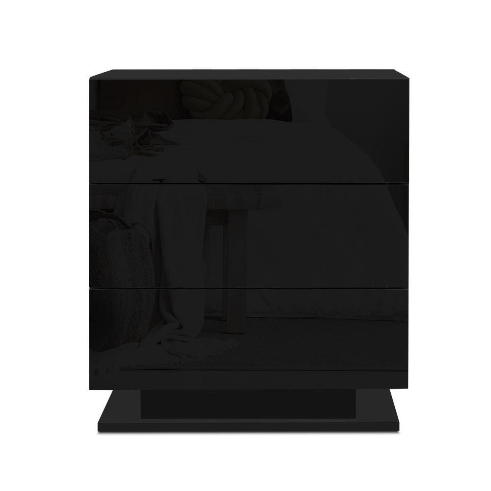 Crafted Comforts  Bedside Table LED 3 Drawers - MORI Black