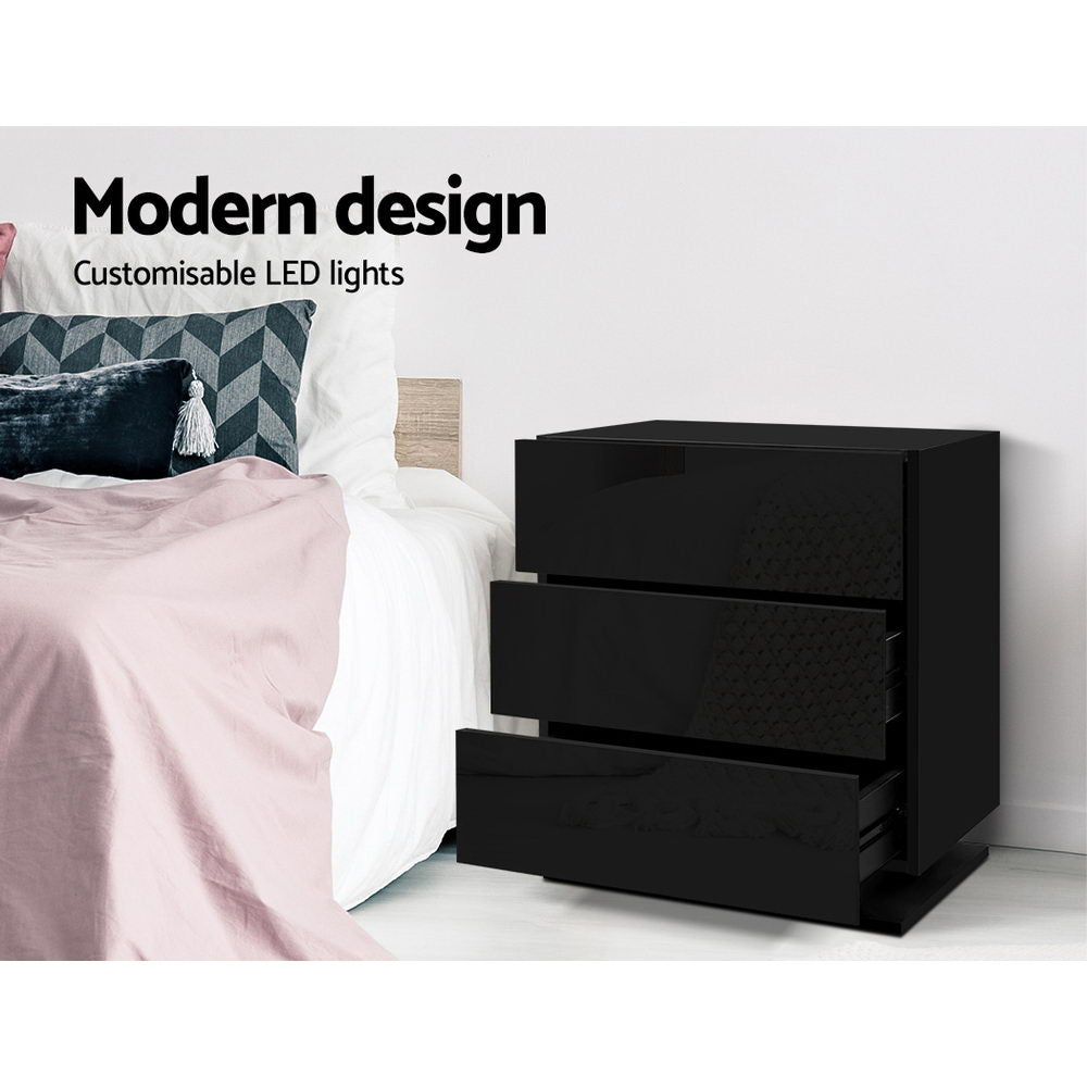 Crafted Comforts  Bedside Table LED 3 Drawers - MORI Black