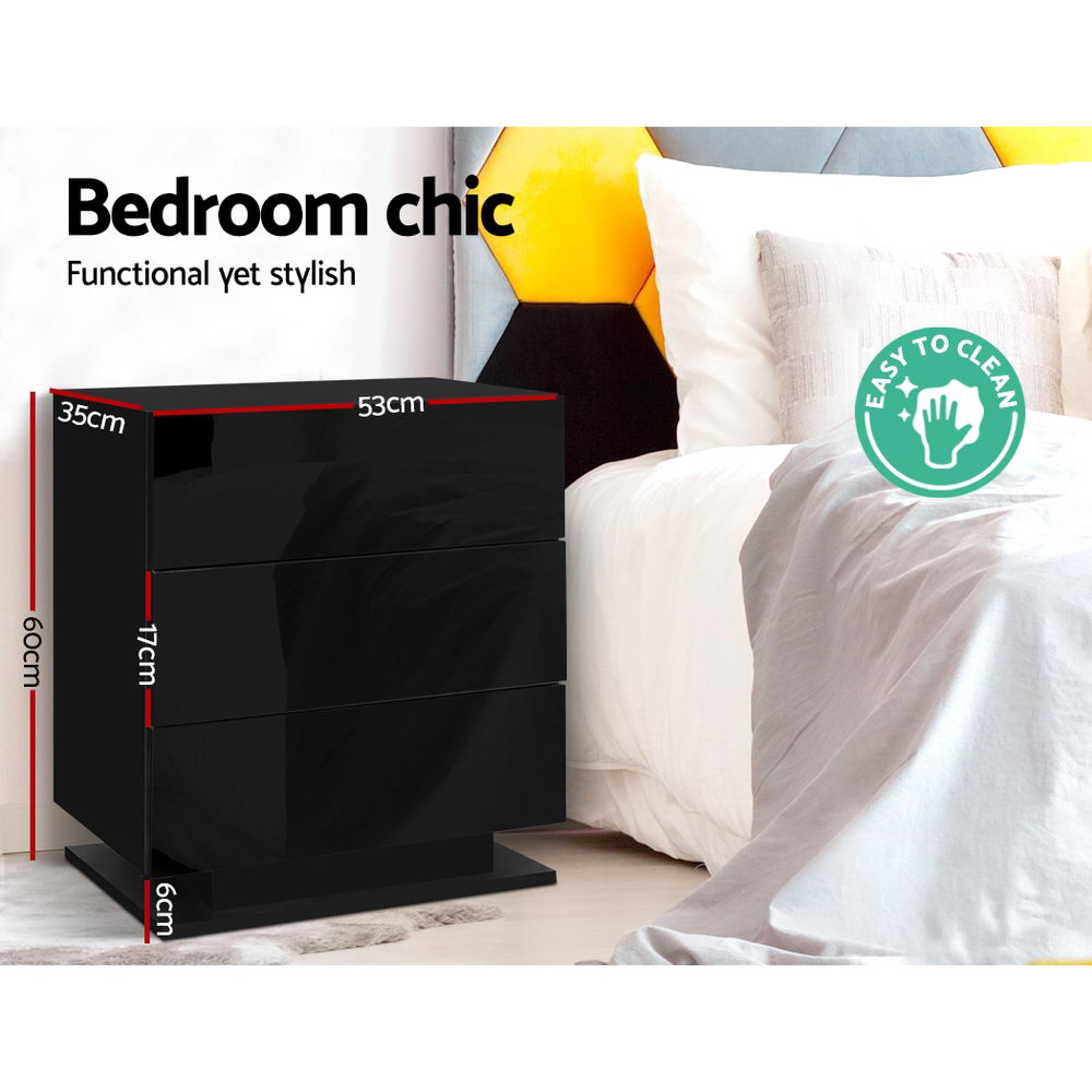 Crafted Comforts  Bedside Table LED 3 Drawers - MORI Black