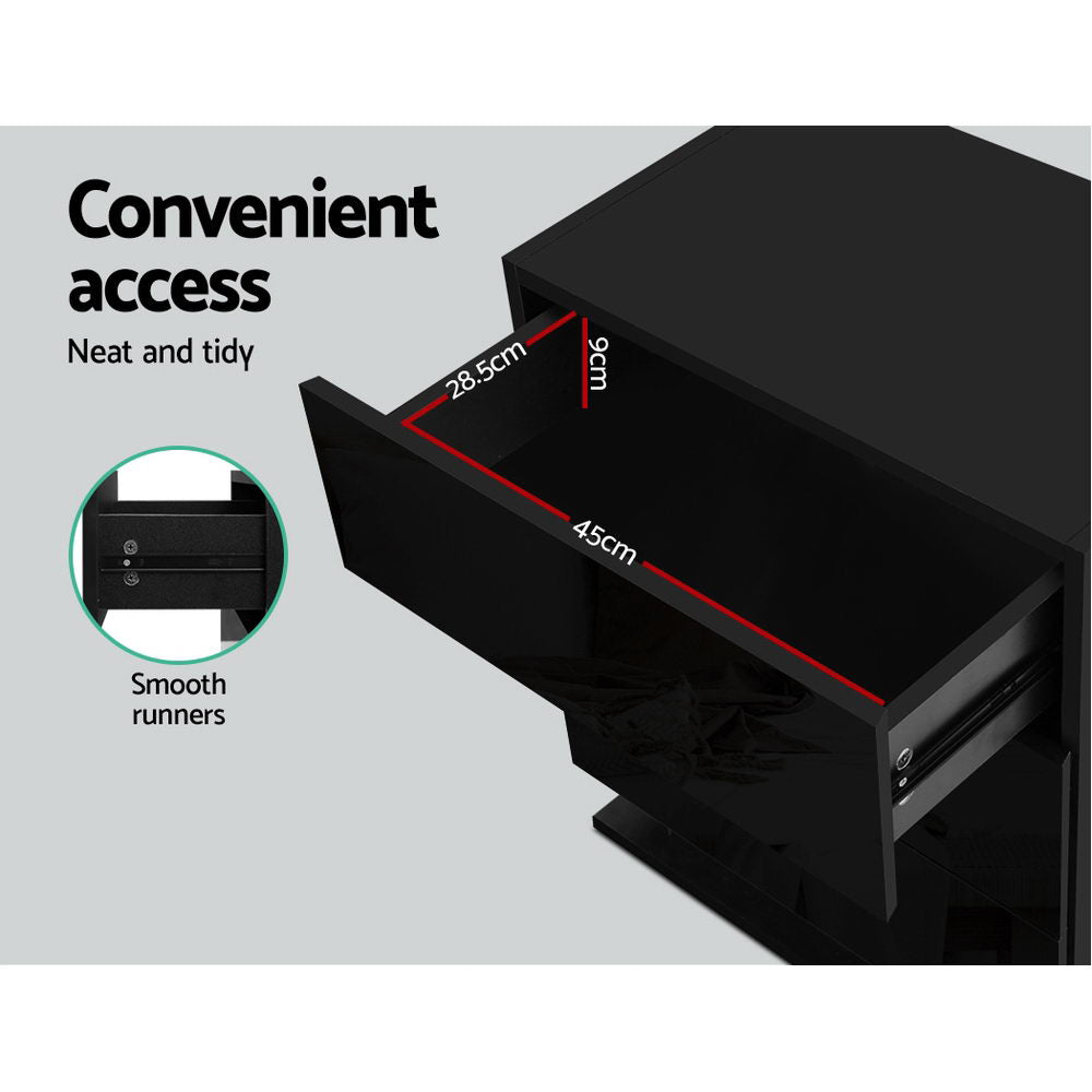 Crafted Comforts  Bedside Table LED 3 Drawers - MORI Black