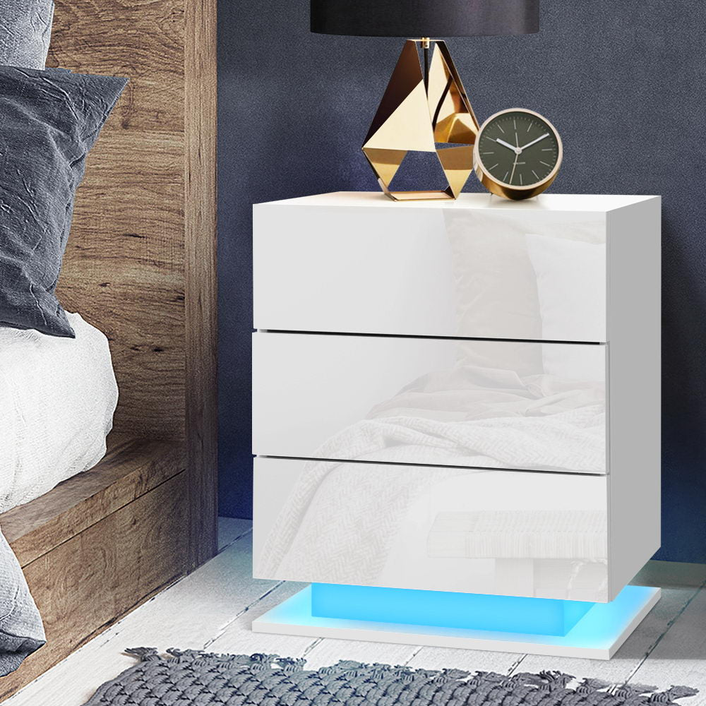 Crafted Comforts  Bedside Table LED 3 Drawers - MORI White