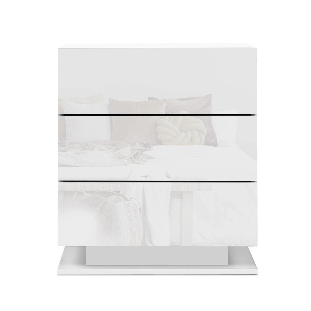 Crafted Comforts  Bedside Table LED 3 Drawers - MORI White