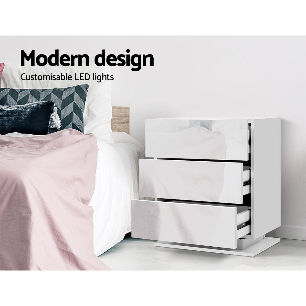 Crafted Comforts  Bedside Table LED 3 Drawers - MORI White