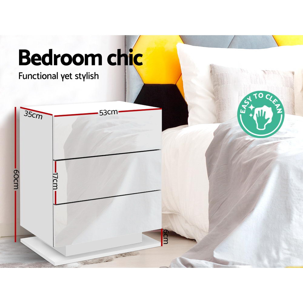 Crafted Comforts  Bedside Table LED 3 Drawers - MORI White