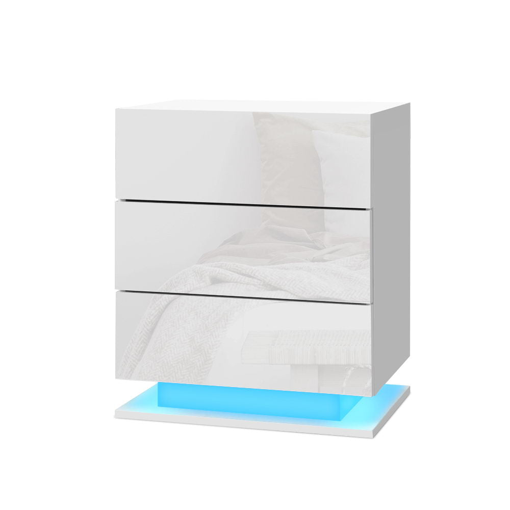 Crafted Comforts  Bedside Table LED 3 Drawers - MORI White