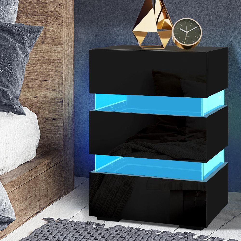 Crafted Comforts  Bedside Table LED 3 Drawers - LUMI Black