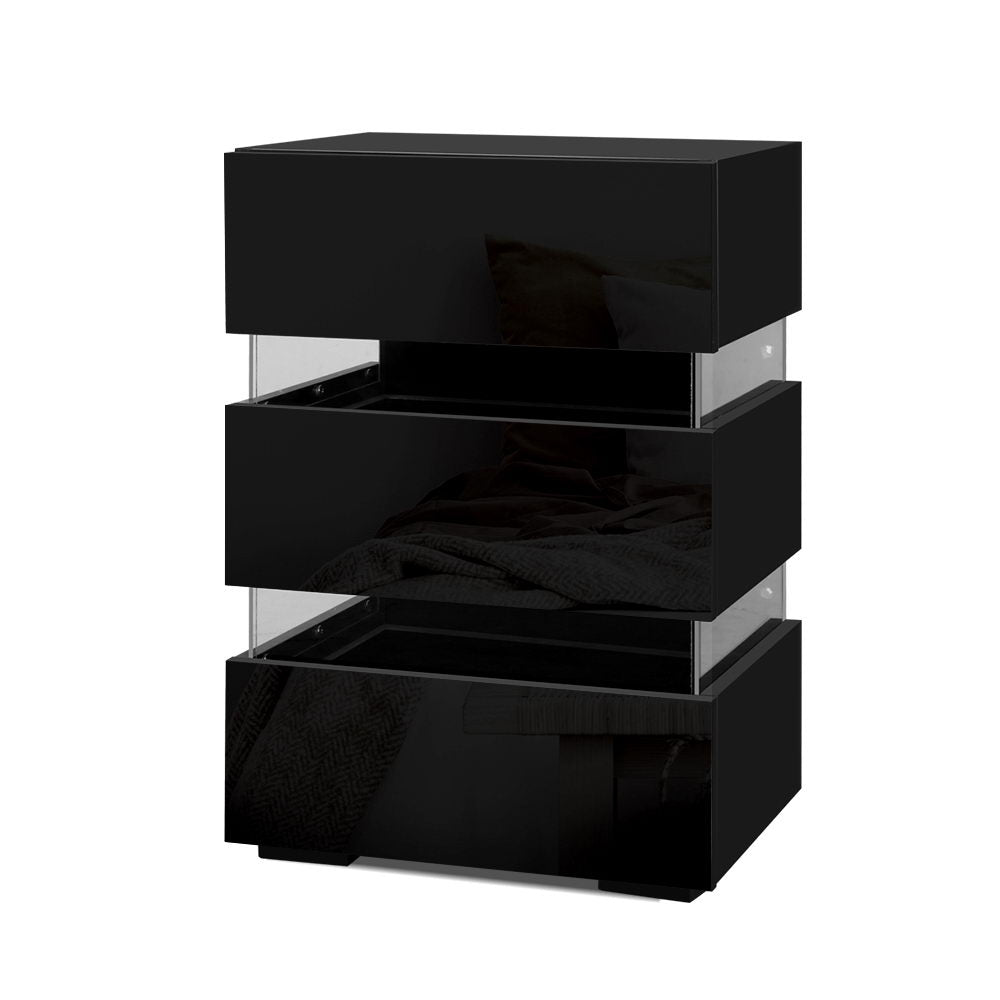 Crafted Comforts  Bedside Table LED 3 Drawers - LUMI Black