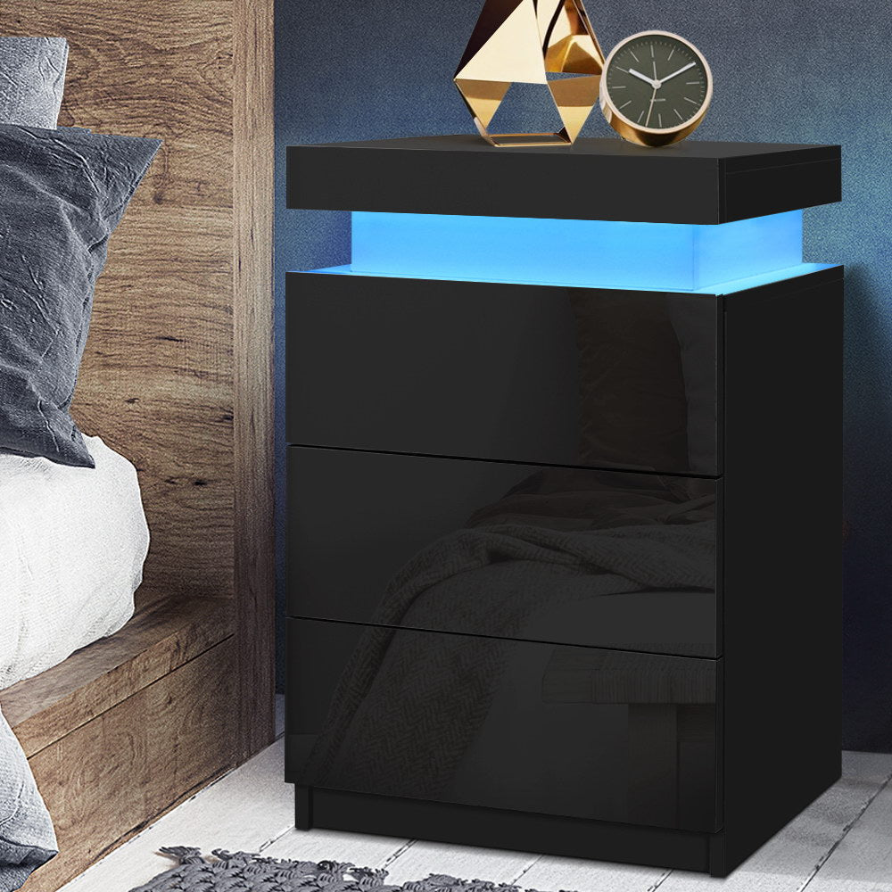 Crafted Comforts  Bedside Table LED 3 Drawers - COLEY Black