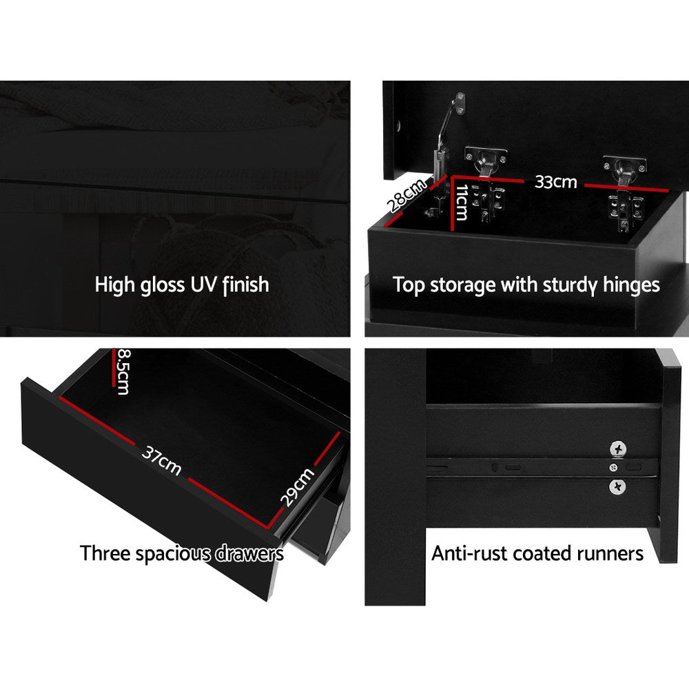 Crafted Comforts  Bedside Table LED 3 Drawers - COLEY Black