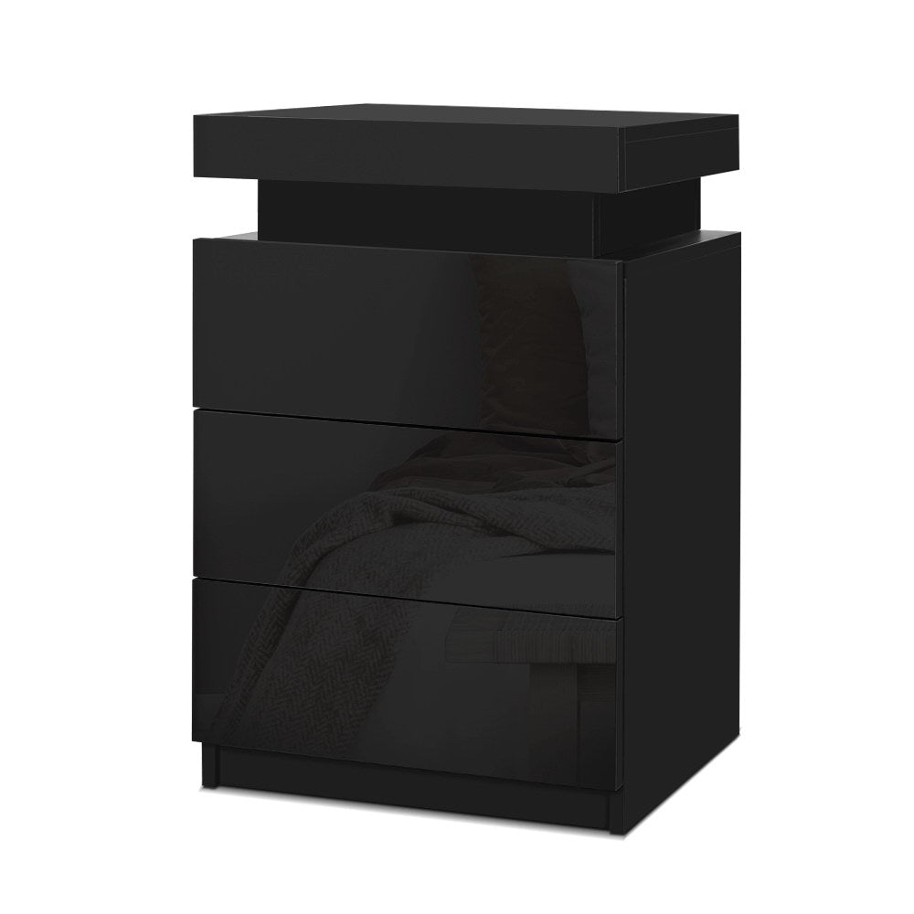 Crafted Comforts  Bedside Table LED 3 Drawers - COLEY Black