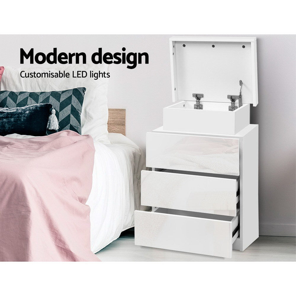 Crafted Comforts  Bedside Table LED 3 Drawers - COLEY White