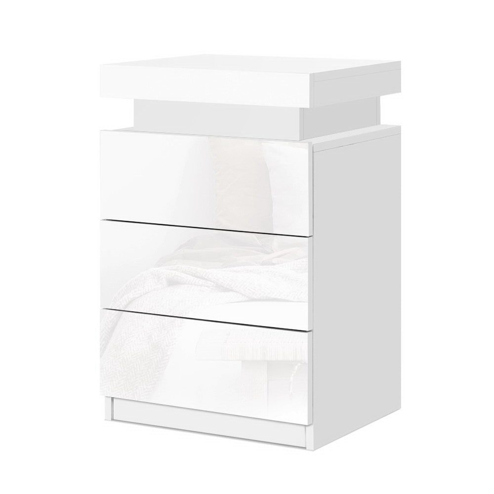 Crafted Comforts  Bedside Table LED 3 Drawers - COLEY White