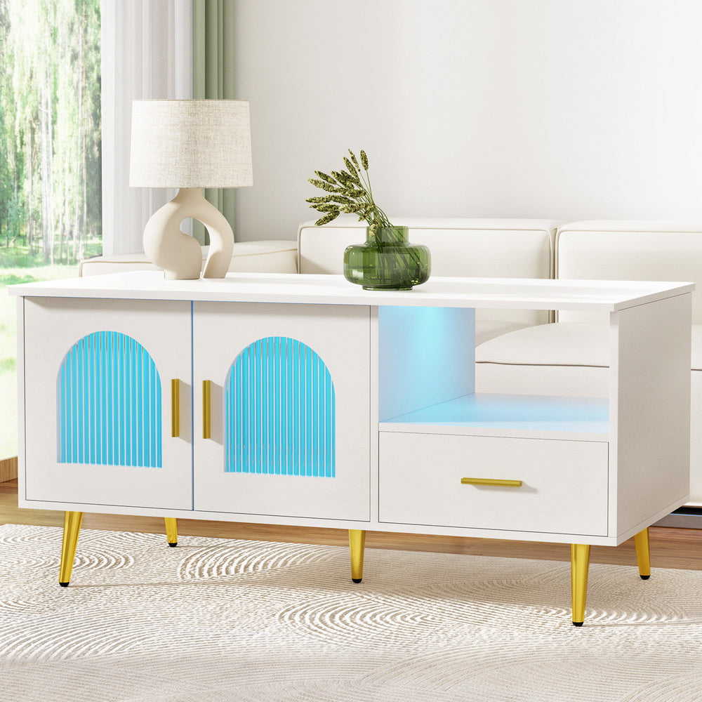 Crafted Comforts  LED Coffee Table Shelf Drawer Storage White