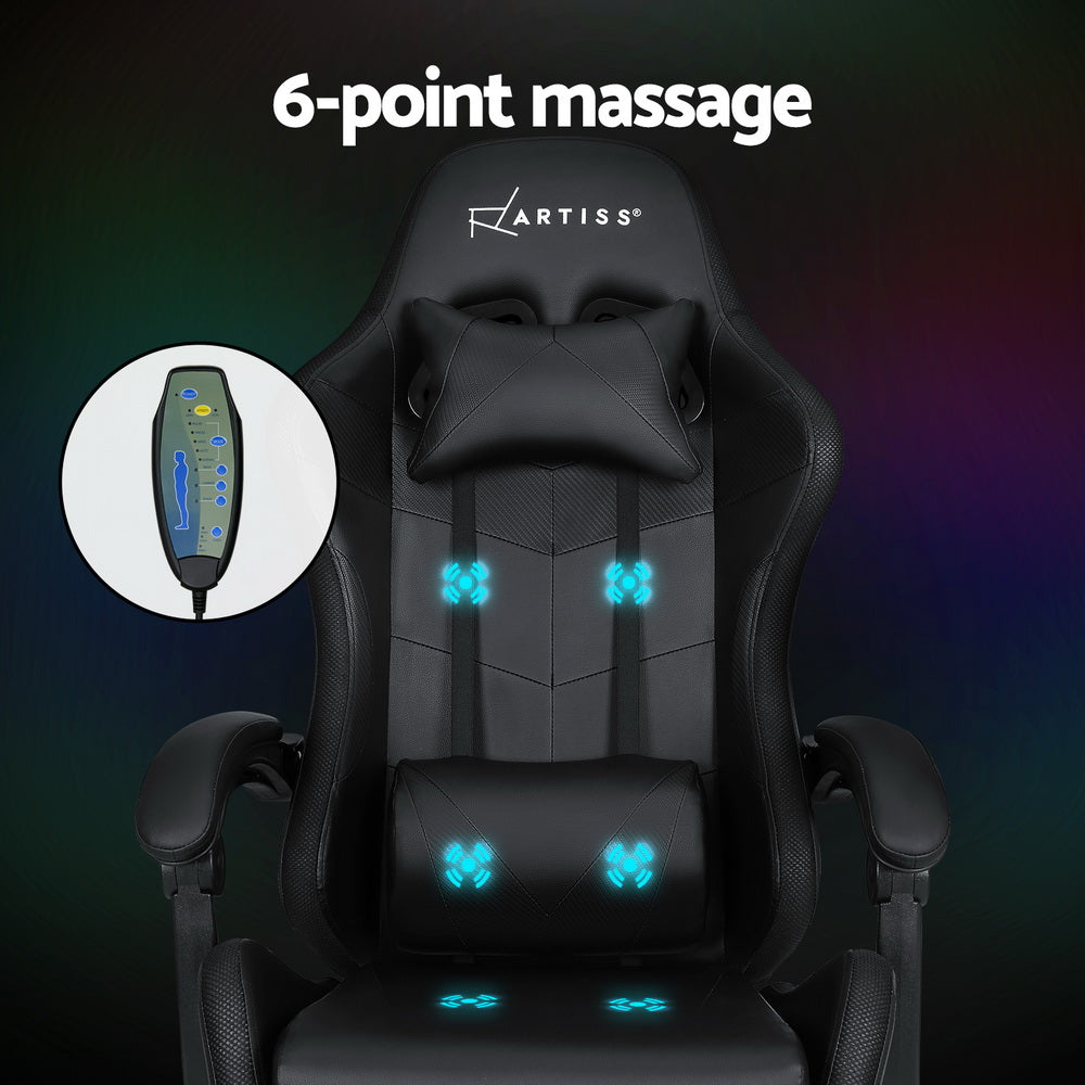 Crafted Comforts  6 Point Massage Gaming Office Chair 7 LED Footrest Black