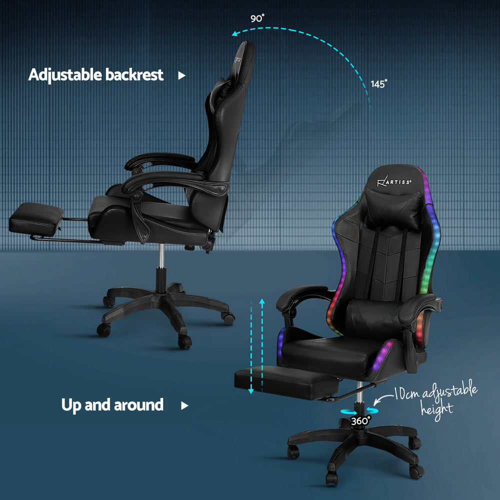 Crafted Comforts  6 Point Massage Gaming Office Chair 7 LED Footrest Black