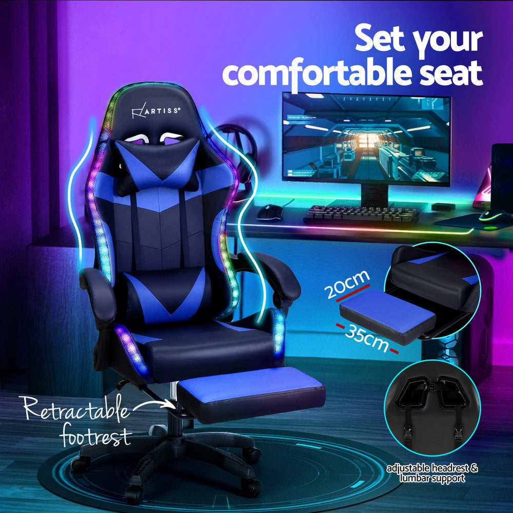 Crafted Comforts  6 Point Massage Gaming Office Chair 7 LED Footrest Blue