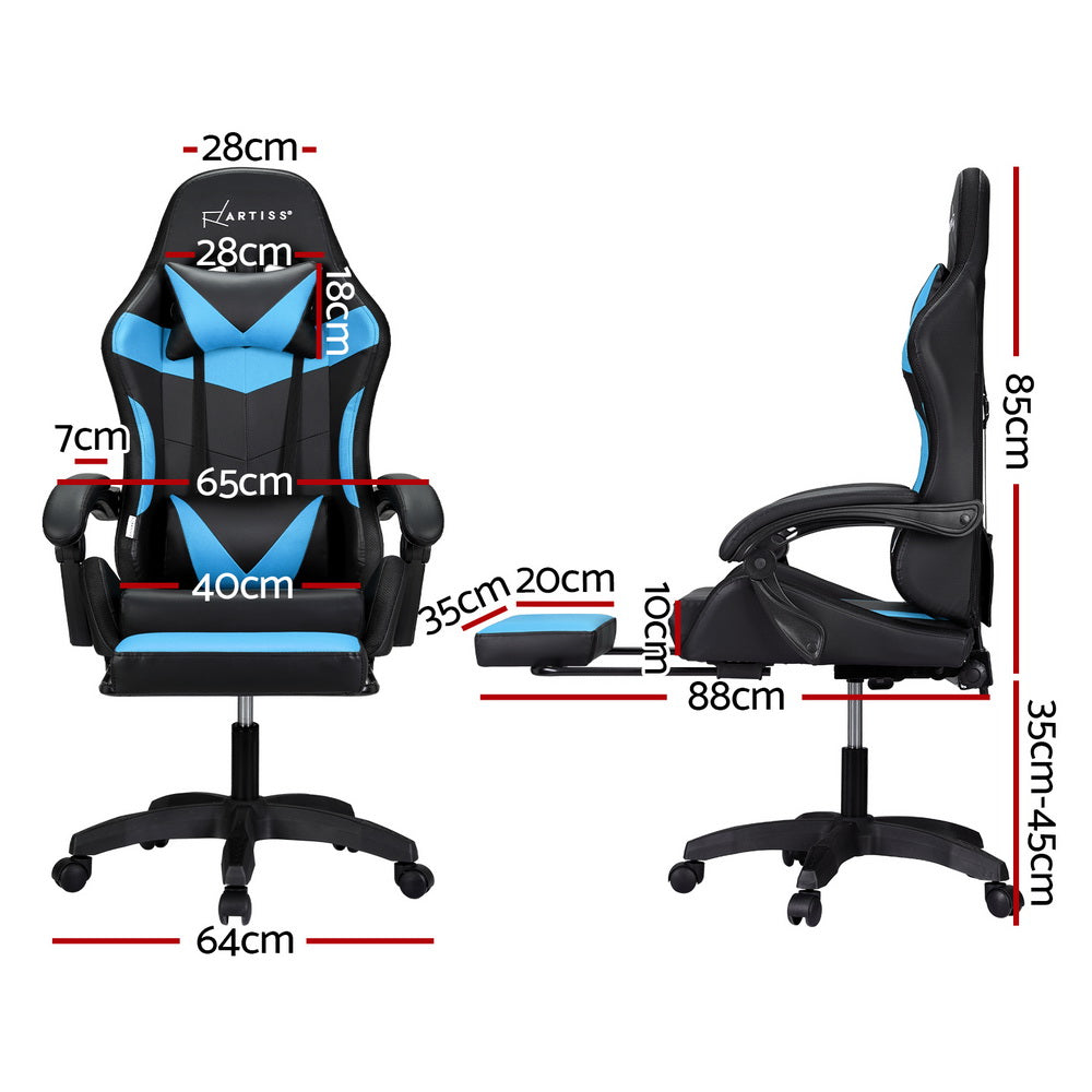Crafted Comforts  6 Point Massage Gaming Office Chair 7 LED Footrest Cyan Blue