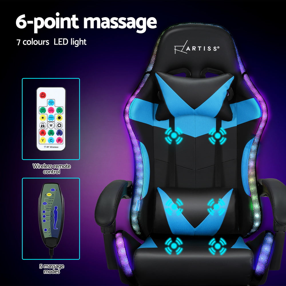 Crafted Comforts  6 Point Massage Gaming Office Chair 7 LED Footrest Cyan Blue