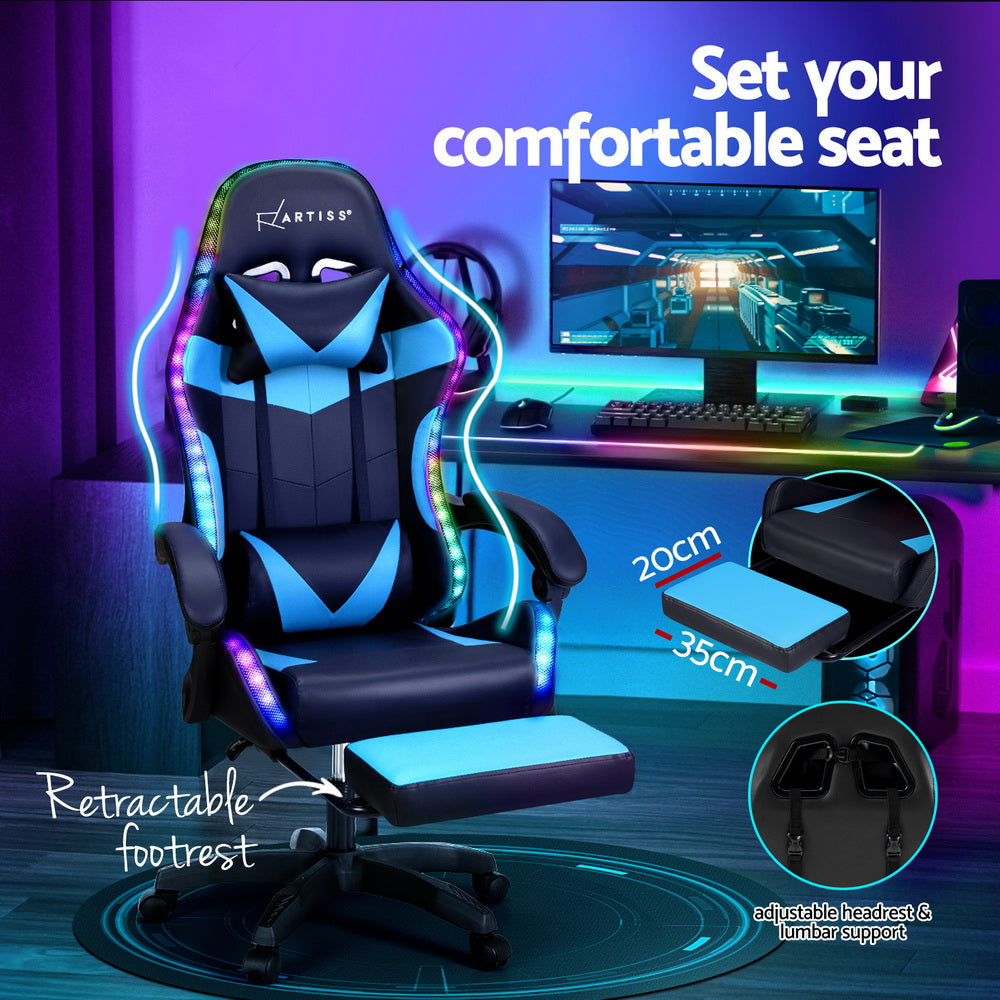 Crafted Comforts  6 Point Massage Gaming Office Chair 7 LED Footrest Cyan Blue