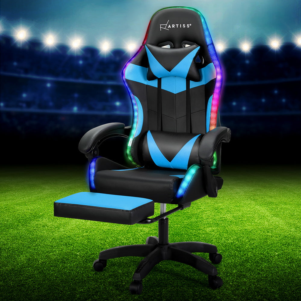 Crafted Comforts  6 Point Massage Gaming Office Chair 7 LED Footrest Cyan Blue