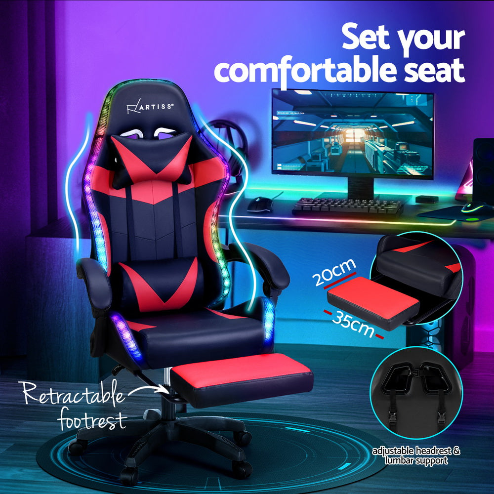 Crafted Comforts  6 Point Massage Gaming Office Chair 7 LED Footrest Red