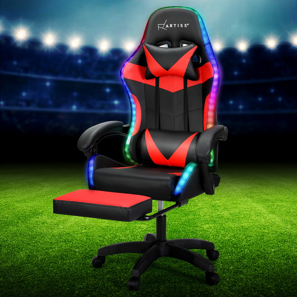 Crafted Comforts  6 Point Massage Gaming Office Chair 7 LED Footrest Red