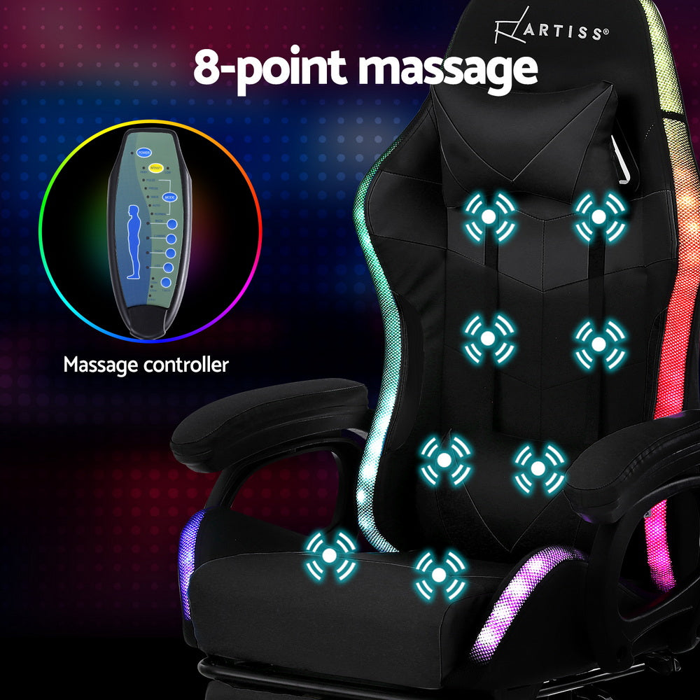 Crafted Comforts  Gaming Office Chair 12 RGB LED Massage Computer Work Seat Footrest Black