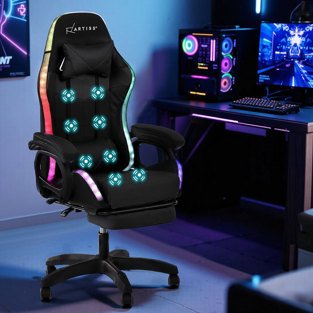 Crafted Comforts  Gaming Office Chair 12 RGB LED Massage Computer Work Seat Footrest Black