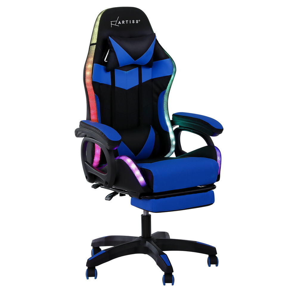 Crafted Comforts  Gaming Office Chair 12 RGB LED Massage Computer Work Seat Footrest Blue