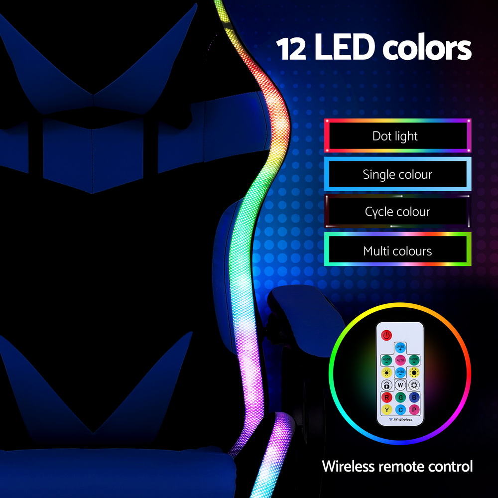 Crafted Comforts  Gaming Office Chair 12 RGB LED Massage Computer Work Seat Footrest Blue