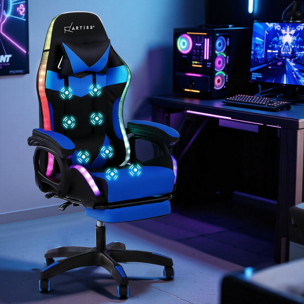 Crafted Comforts  Gaming Office Chair 12 RGB LED Massage Computer Work Seat Footrest Blue