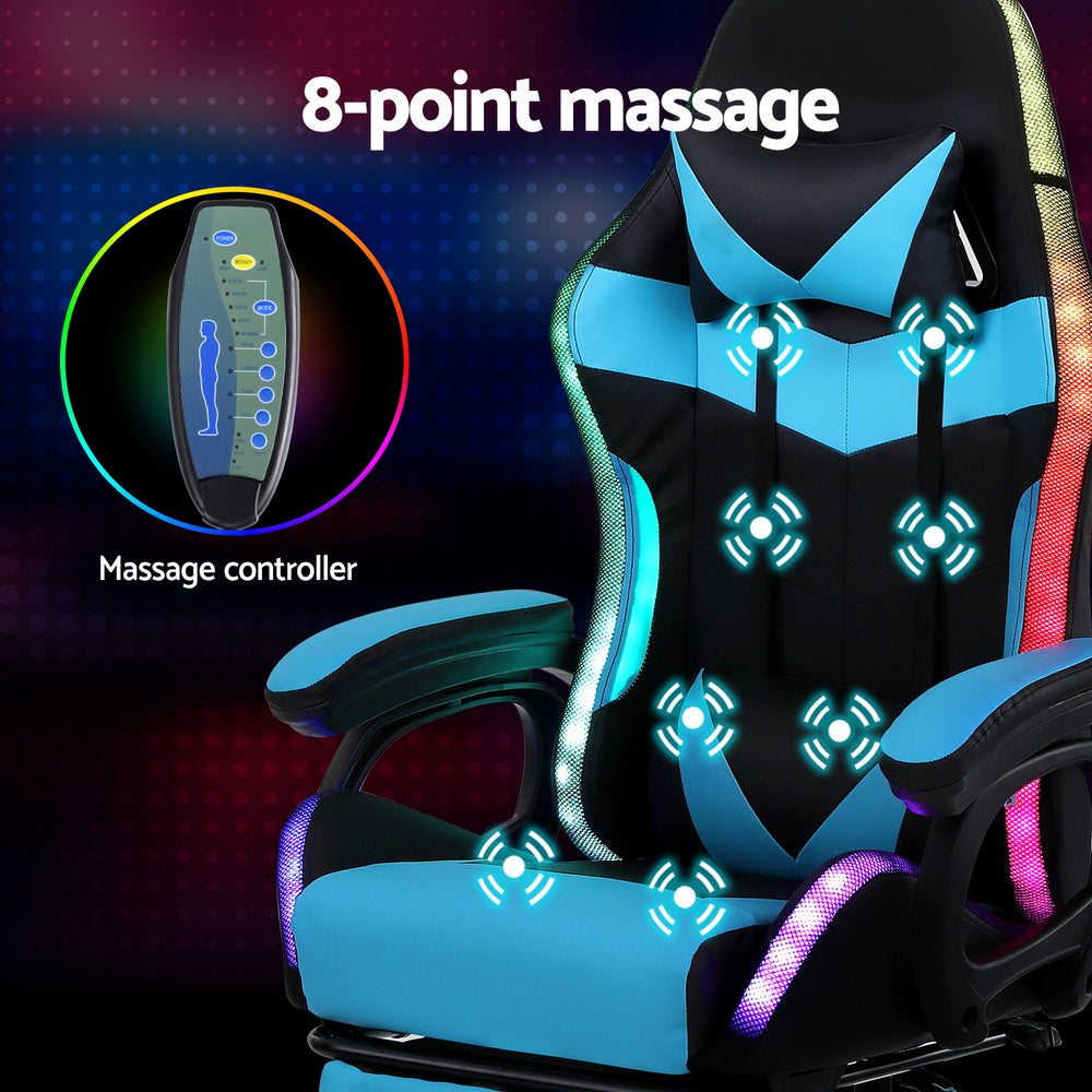 Crafted Comforts  Gaming Office Chair 12 RGB LED Massage Computer Work Seat Footrest Cyan