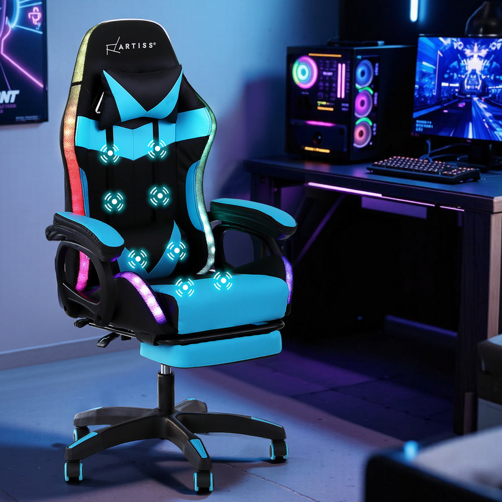 Crafted Comforts  Gaming Office Chair 12 RGB LED Massage Computer Work Seat Footrest Cyan