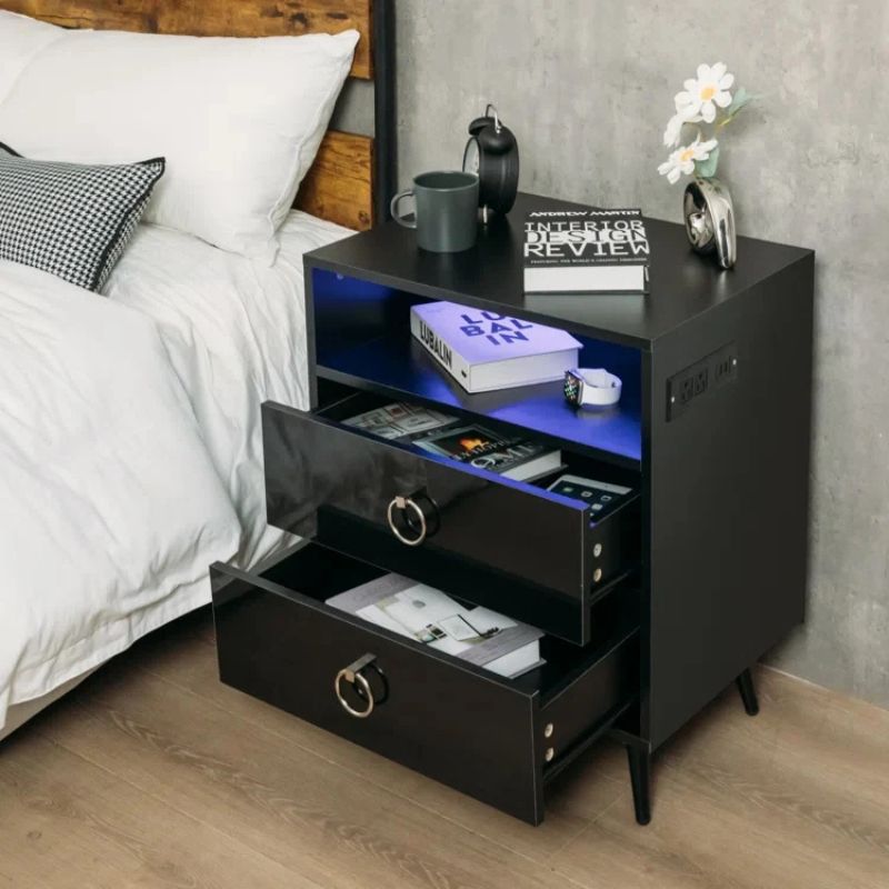 Amelia Modern LED Bedside table with USB and power socket black x 2